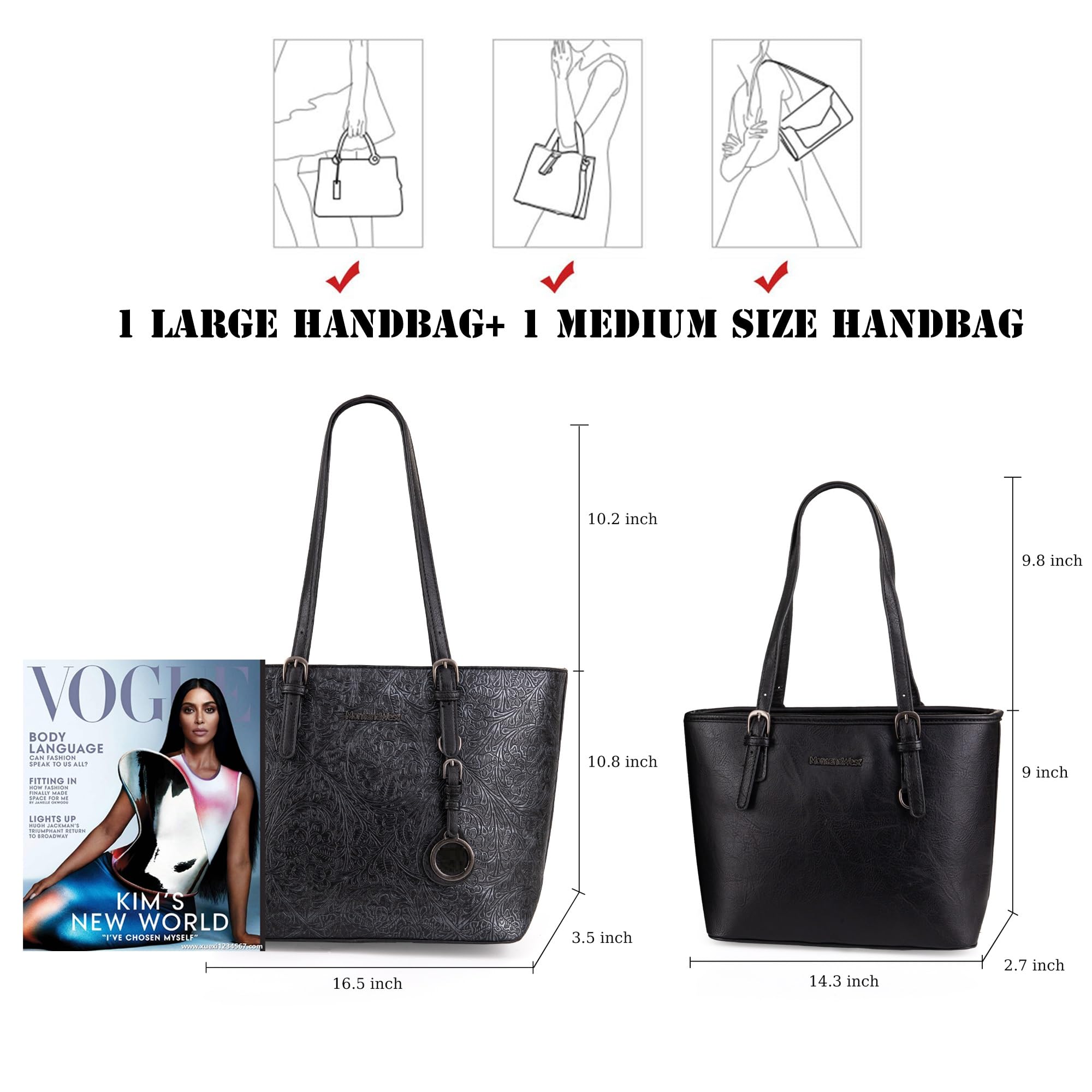 Montana West Tote Bag for Women Vegan Leather Purse and Handbags Set Embossed Collection Purse 2Pcs Set Black MWC2-G052BK