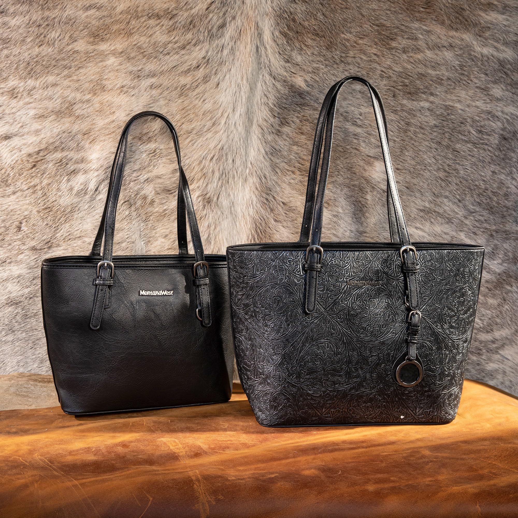 Montana West Tote Bag for Women Vegan Leather Purse and Handbags Set Embossed Collection Purse 2Pcs Set Black MWC2-G052BK