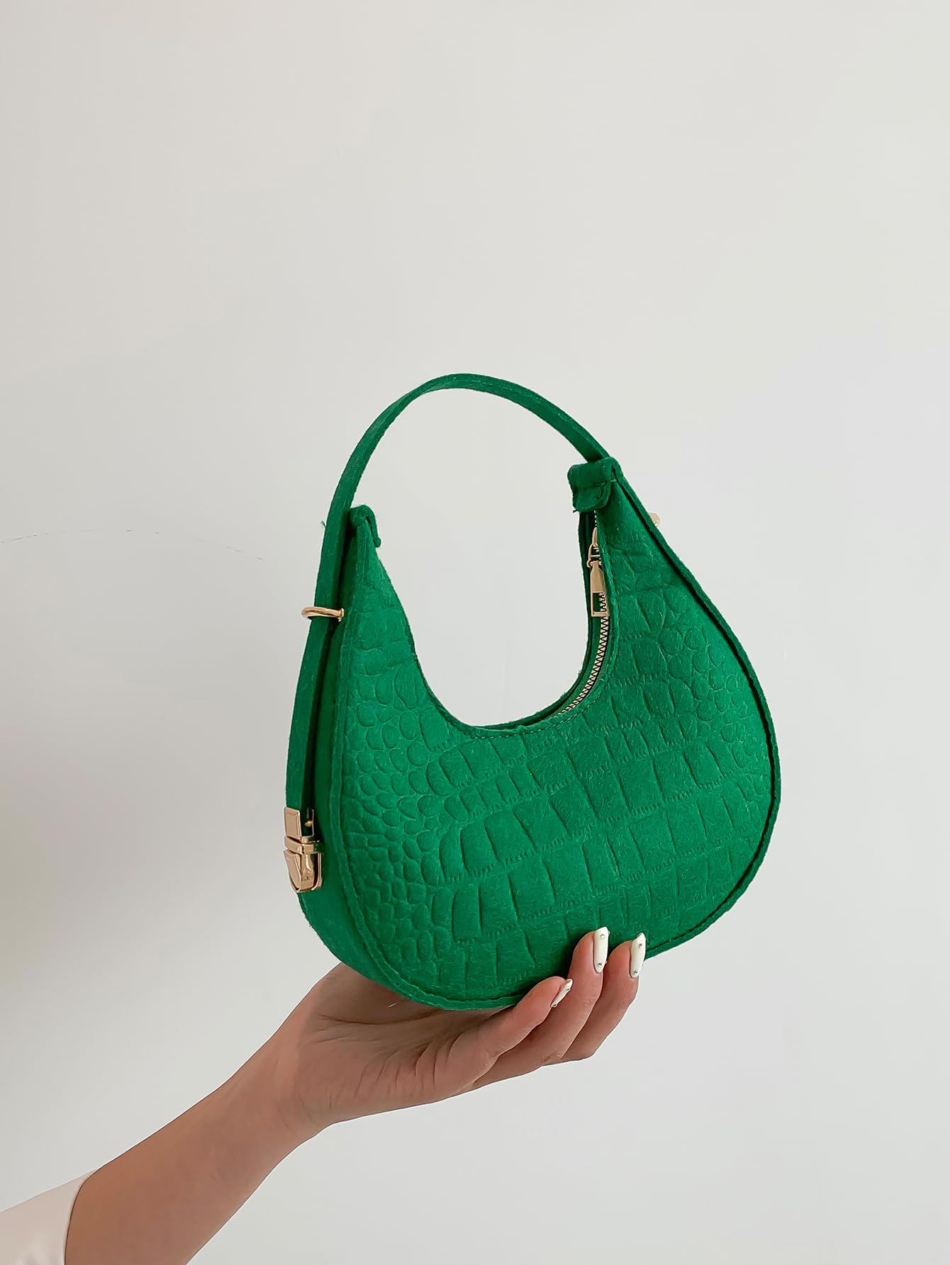 Verdusa Women's Crocodile Embossed Felt Faux Leather Shoulder Hobo Bag Green One Size