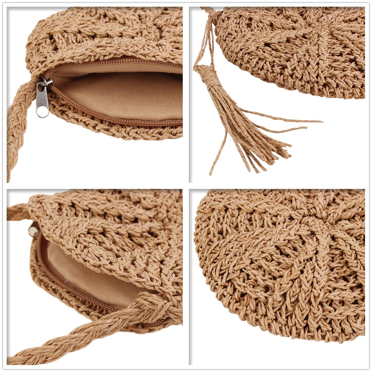 CHIC DIARY Women Straw Bag Crossbody Handmade Woven Summer Beach Top Zipper Shoulder Purse with Tassel (Khaki)