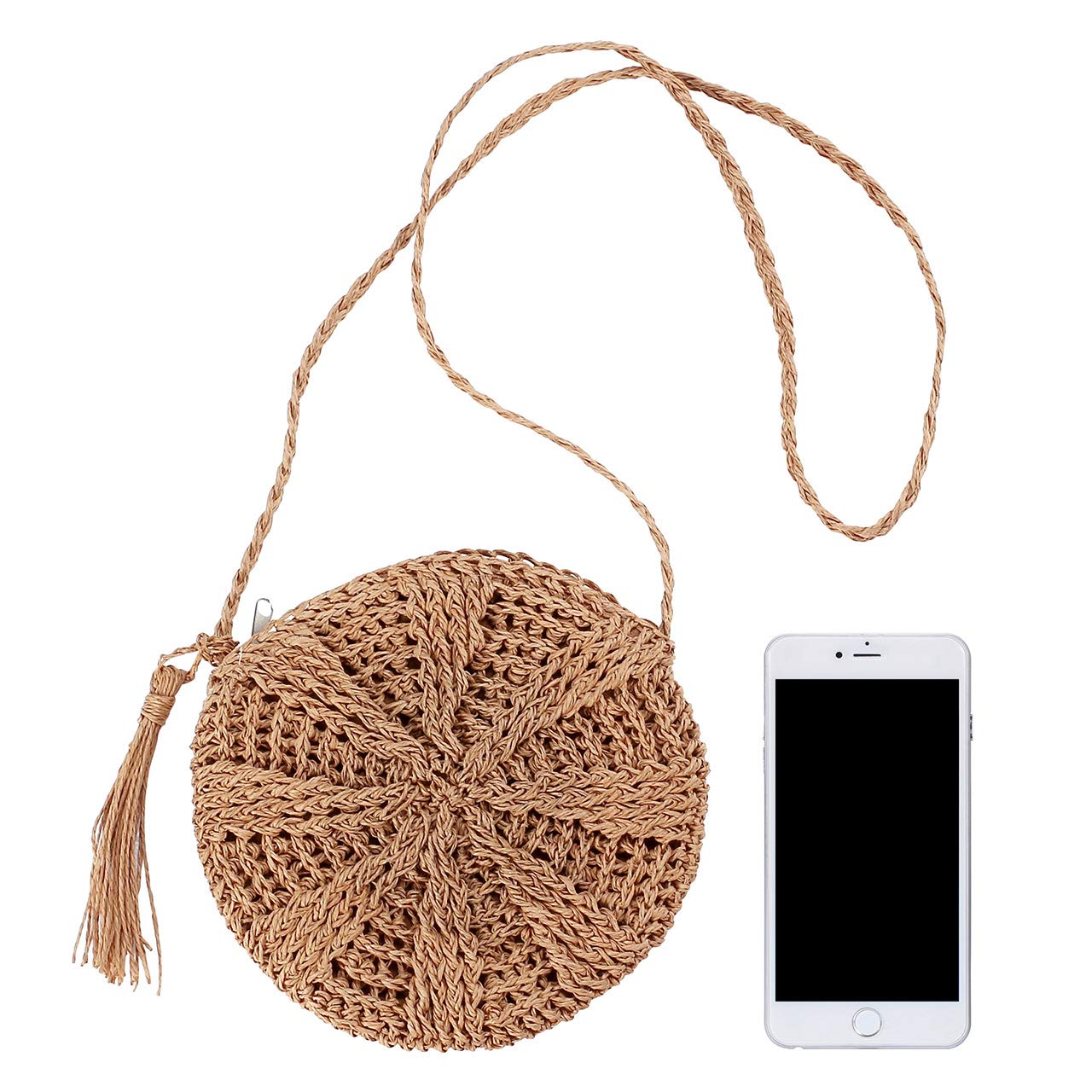 CHIC DIARY Women Straw Bag Crossbody Handmade Woven Summer Beach Top Zipper Shoulder Purse with Tassel (Khaki)