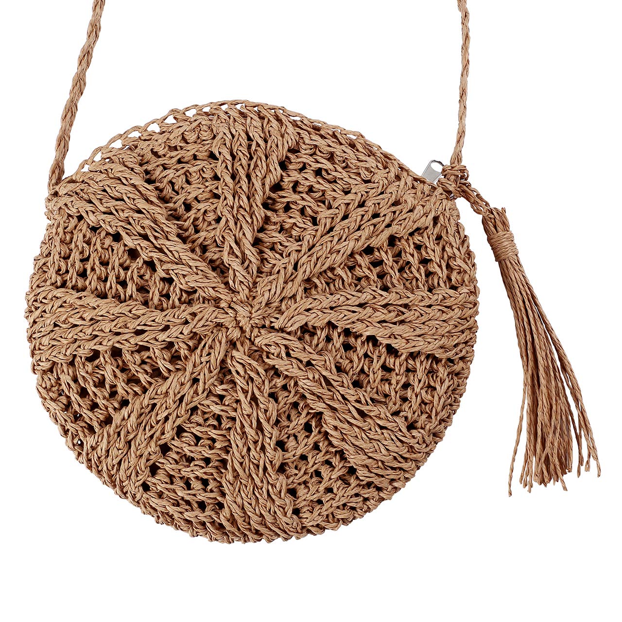 CHIC DIARY Women Straw Bag Crossbody Handmade Woven Summer Beach Top Zipper Shoulder Purse with Tassel (Khaki)