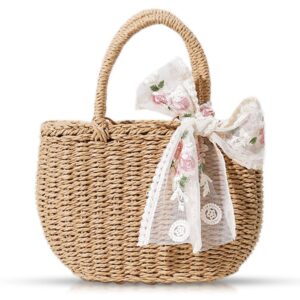 straw bag, beach bag for woman, bohemian hand-woven handbags, basket bag with ribbon, straw beach bag suitable for picnic, travel, daily matching(khaki)