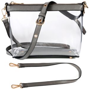 Y&R Direct 3-IN-1 Clear Zipper Crossbody Bag with Vegan Leather Trim Clear Purse for Stadium Festival Concert Gameday Gifts (Grey)