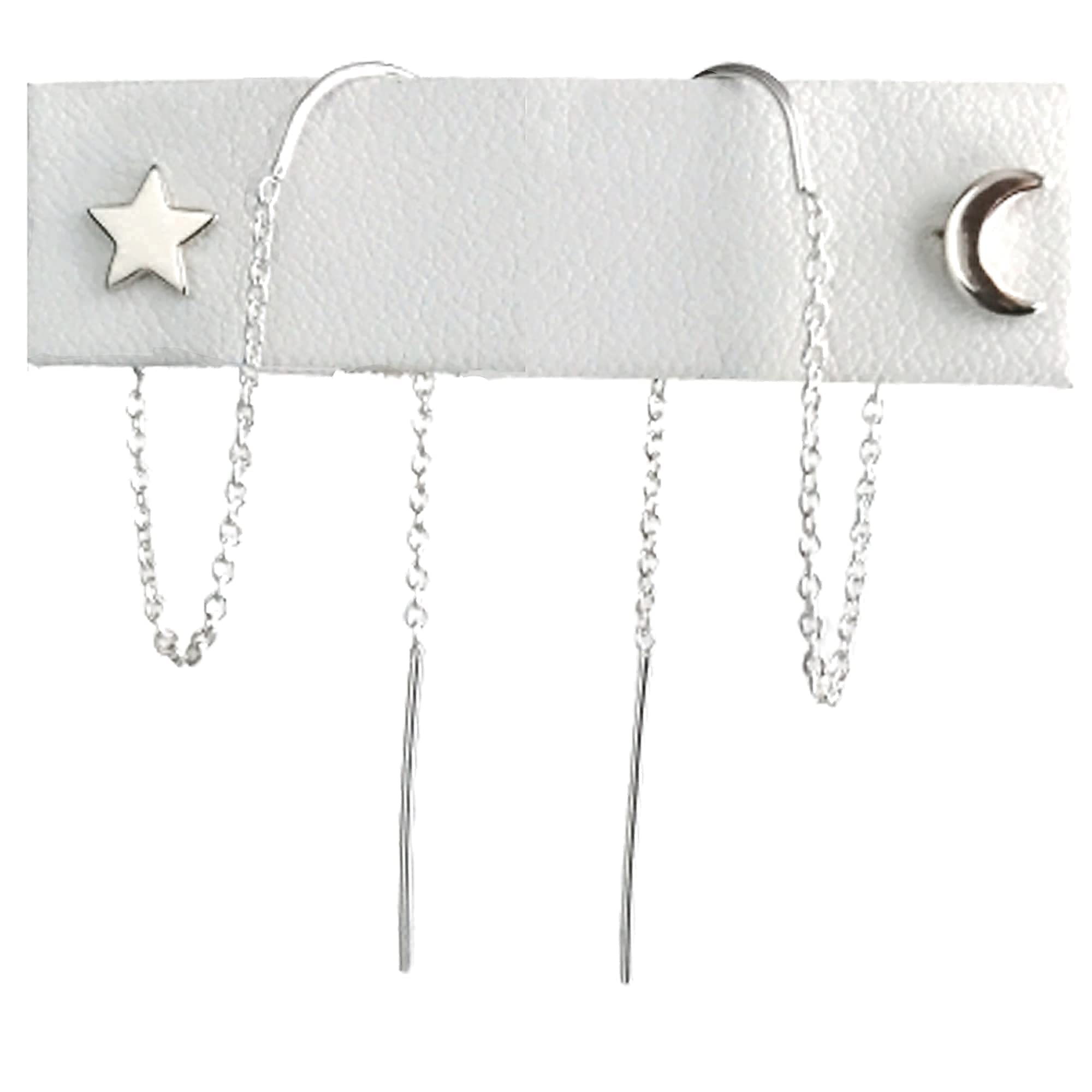 Sterling Silver Moon and Star Earrings - 925 Silver Double Piercing Earrings Set - Chain Earrings for Women - Second Piercing - Two Holes - Austin Down to Earth