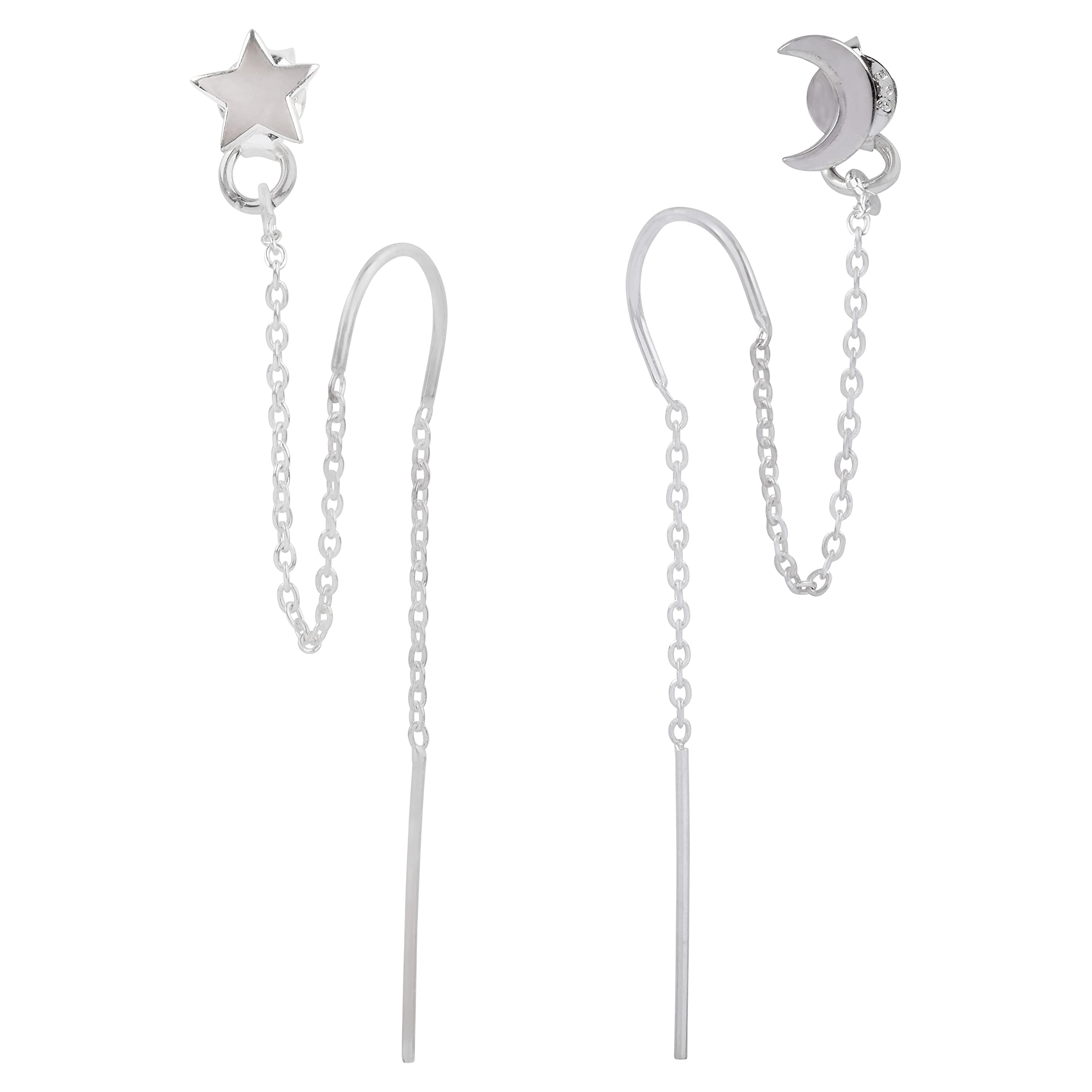 Sterling Silver Moon and Star Earrings - 925 Silver Double Piercing Earrings Set - Chain Earrings for Women - Second Piercing - Two Holes - Austin Down to Earth