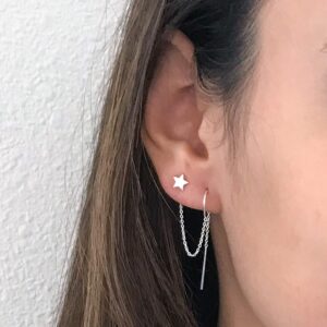 Sterling Silver Moon and Star Earrings - 925 Silver Double Piercing Earrings Set - Chain Earrings for Women - Second Piercing - Two Holes - Austin Down to Earth