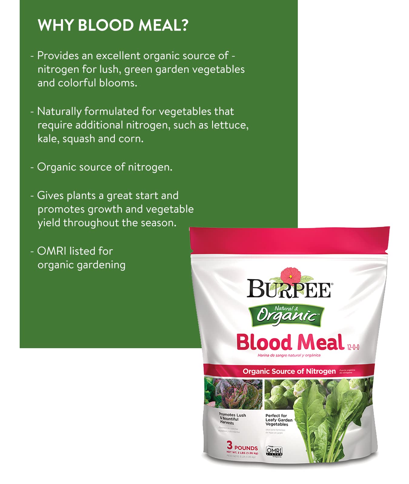 Burpee Organic Blood Meal Fertilizer | Add to Potting Soil | Excellent Natural Source of Nitrogen | for Tomatoes, Spinach, Broccoli, Leafy Greens | 3 lb, 1-Pack