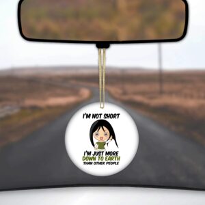 DistinctInk Hanging Ceramic Rearview Mirror Ornament Charm with Gold String - Great Gift/Present - 2 3/4 inch Diameter - I'm Not Short I'm Just More Down to Earth