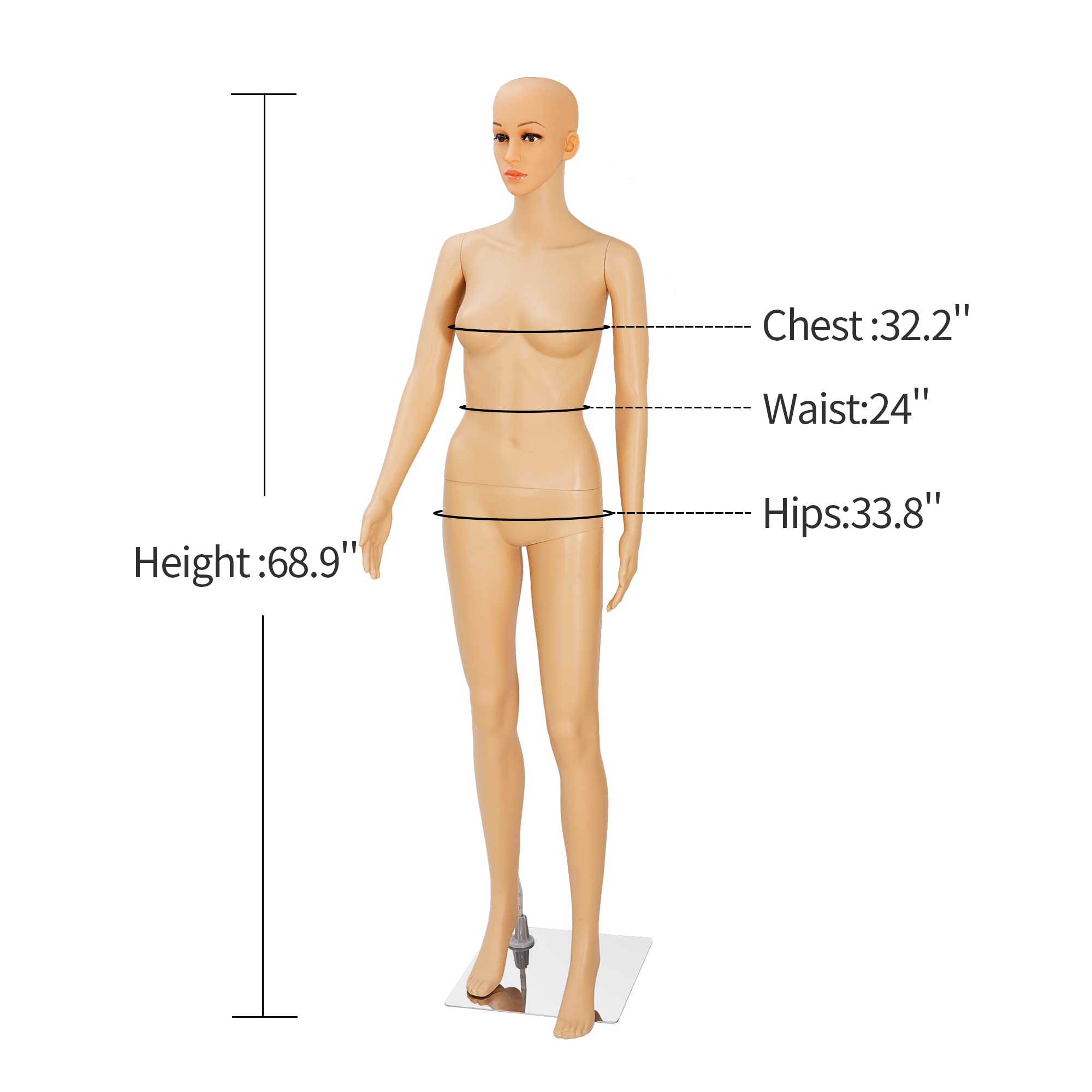 HomGarden Female Mannequin Manikin Full Body Dress Form, 69” Adjustable Mannequin Stand Realistic Mannequin Display Head Turns Dress Model w/Base