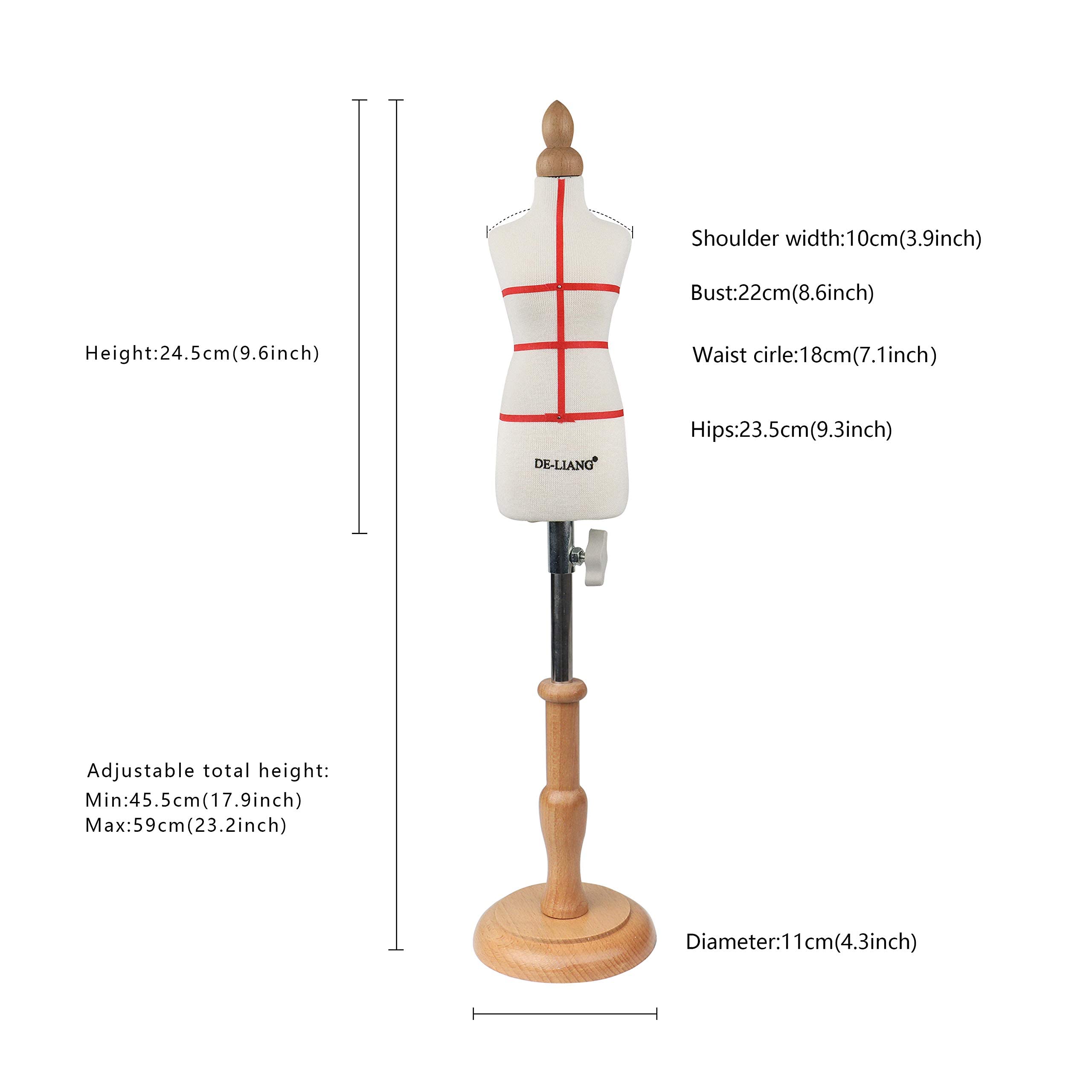 DE-LIANG Female Dress form (Body Height 9.6 inch) MINI 1/4 XS size Professional Tailor Form (Not Adult Full Size) Fully Pinnable half scale 1:4 foam dressmaker Flexible Sewing Dress Form