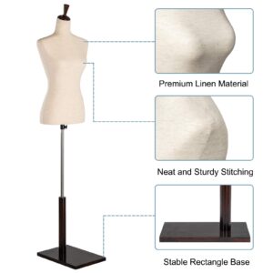 VINGLI Female Dress Form, Mannequin Torso Body with Adjustable Wood Stand for Dress Display Clothes Design, Pinnable Manikin (White, 2-4)