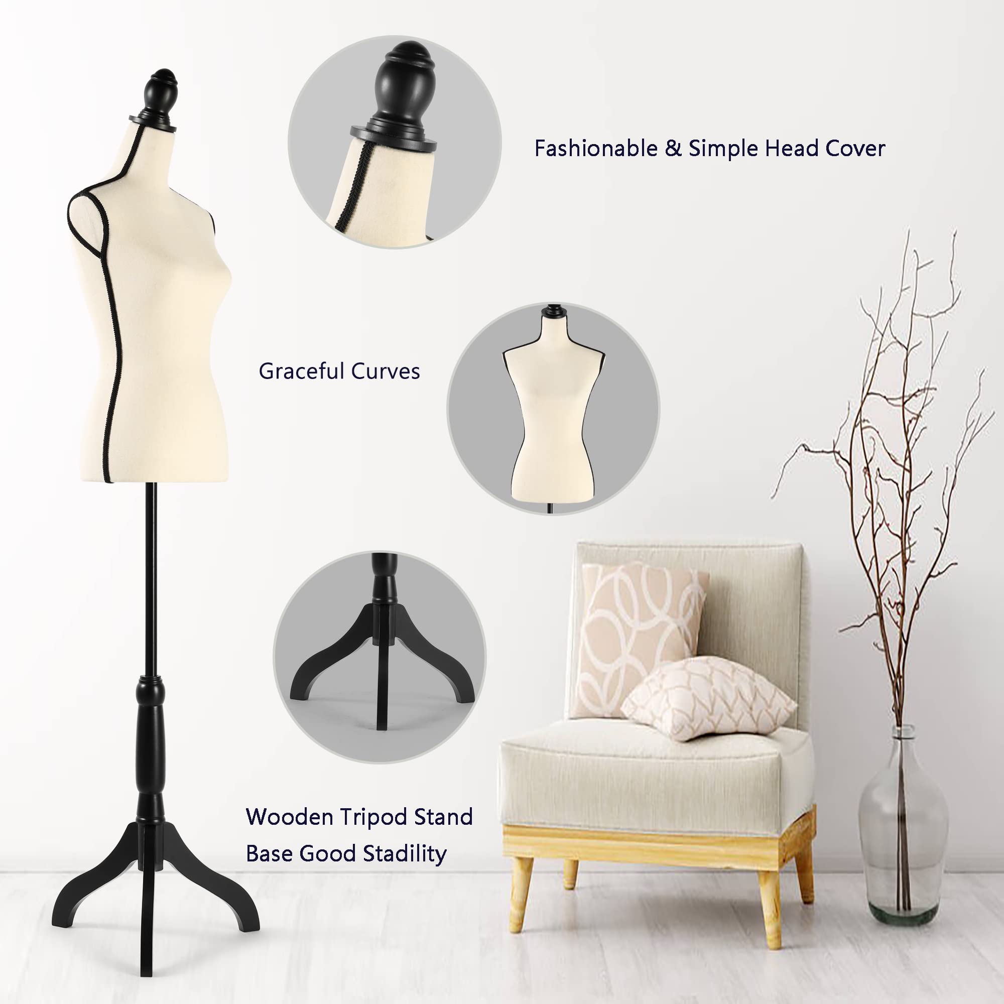 Encomle Dress Form Female Mannequin Torso, Height Adjustable Mannequin Body with Stand for Sewing, Display, Beige