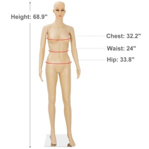 Mannequin Full Body Dress Form 69inch Female Adjustable Mannequin Stand Realistic Mannequin Display Head Turns Dress Model Metal Base