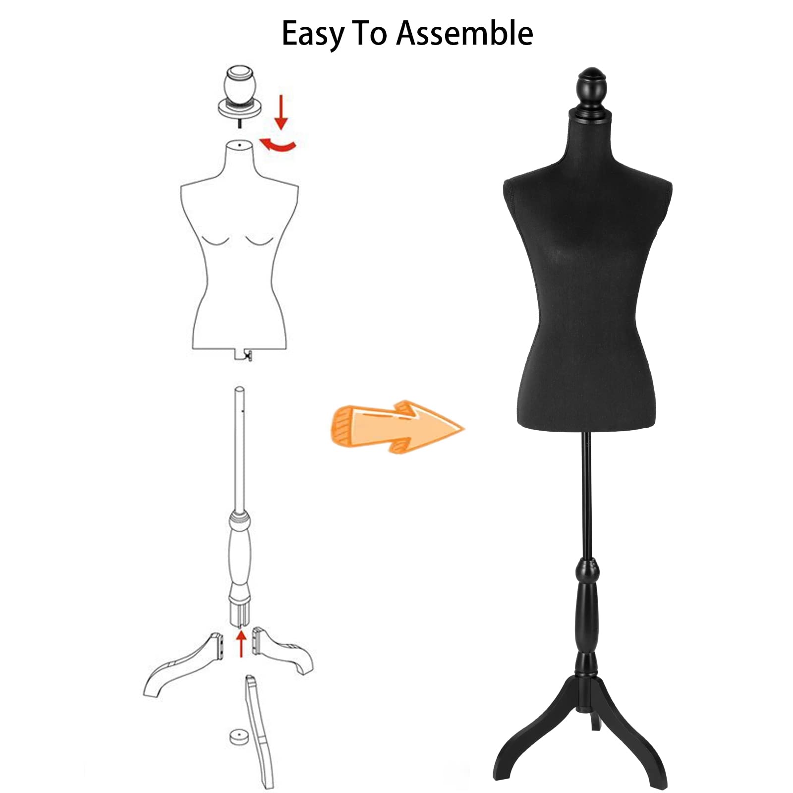 Female Mannequin Torso Dress Form Height Adjustable Pinnable Mannequin Body with Sturdy Tripod Stand for Sewing, Dressmaker, Home Decor, Jewelry & Clothing Display, Black