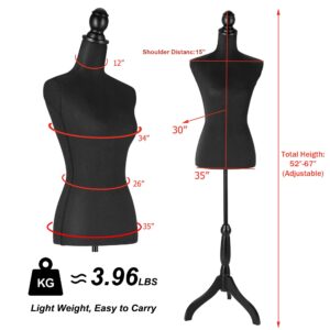 Female Mannequin Torso Dress Form Height Adjustable Pinnable Mannequin Body with Sturdy Tripod Stand for Sewing, Dressmaker, Home Decor, Jewelry & Clothing Display, Black