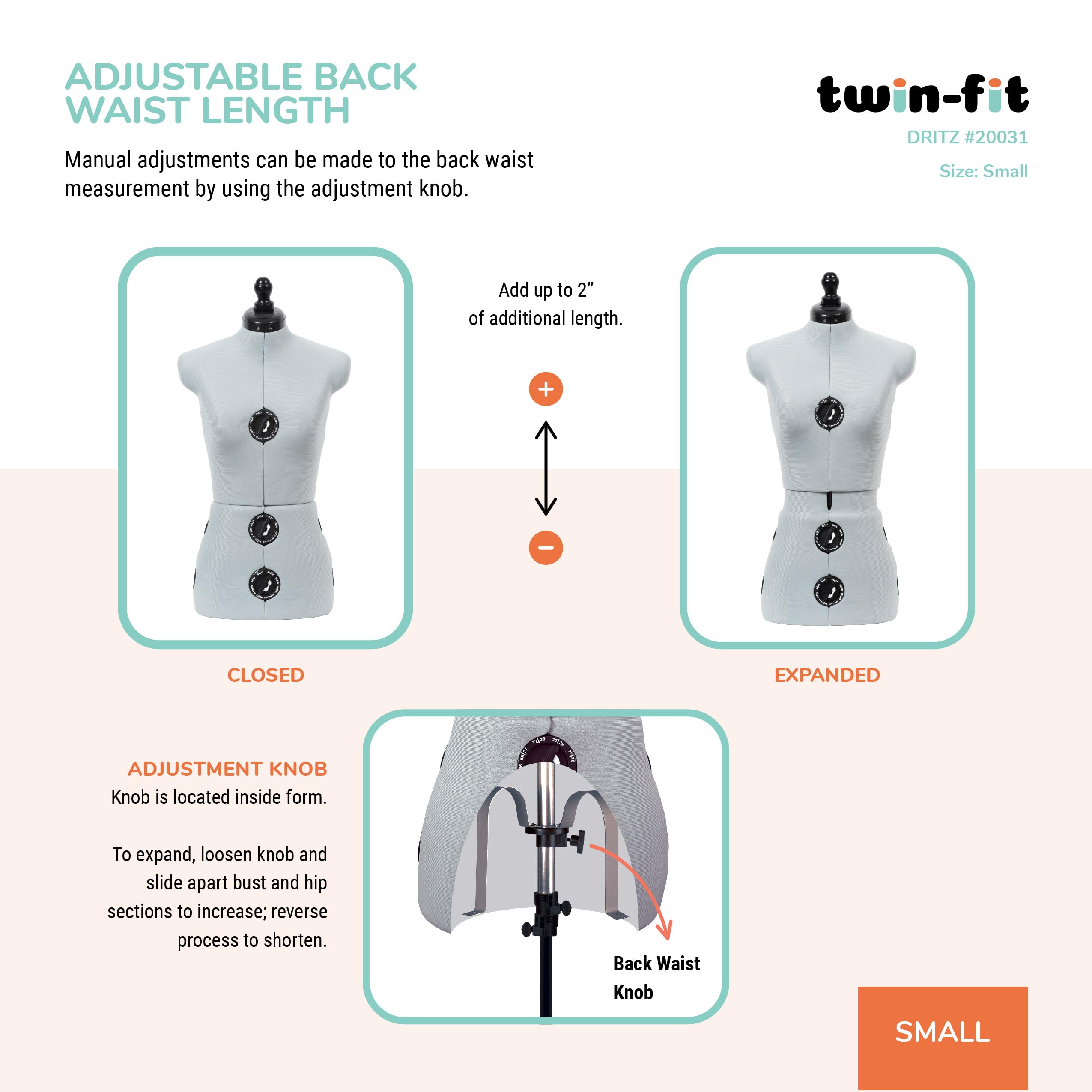 Dritz Twin-Fit Adjustable Dress Form, Small, Silver Gray