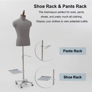 LXLA Rolling Male Mannequin with Wheels Base, Shoe & Pants Rack, Clothing Store Display Manikin Half-Body Adjustable Height, Tailor's Dummy for Cloakroom ( Color : Silver Base Stand )