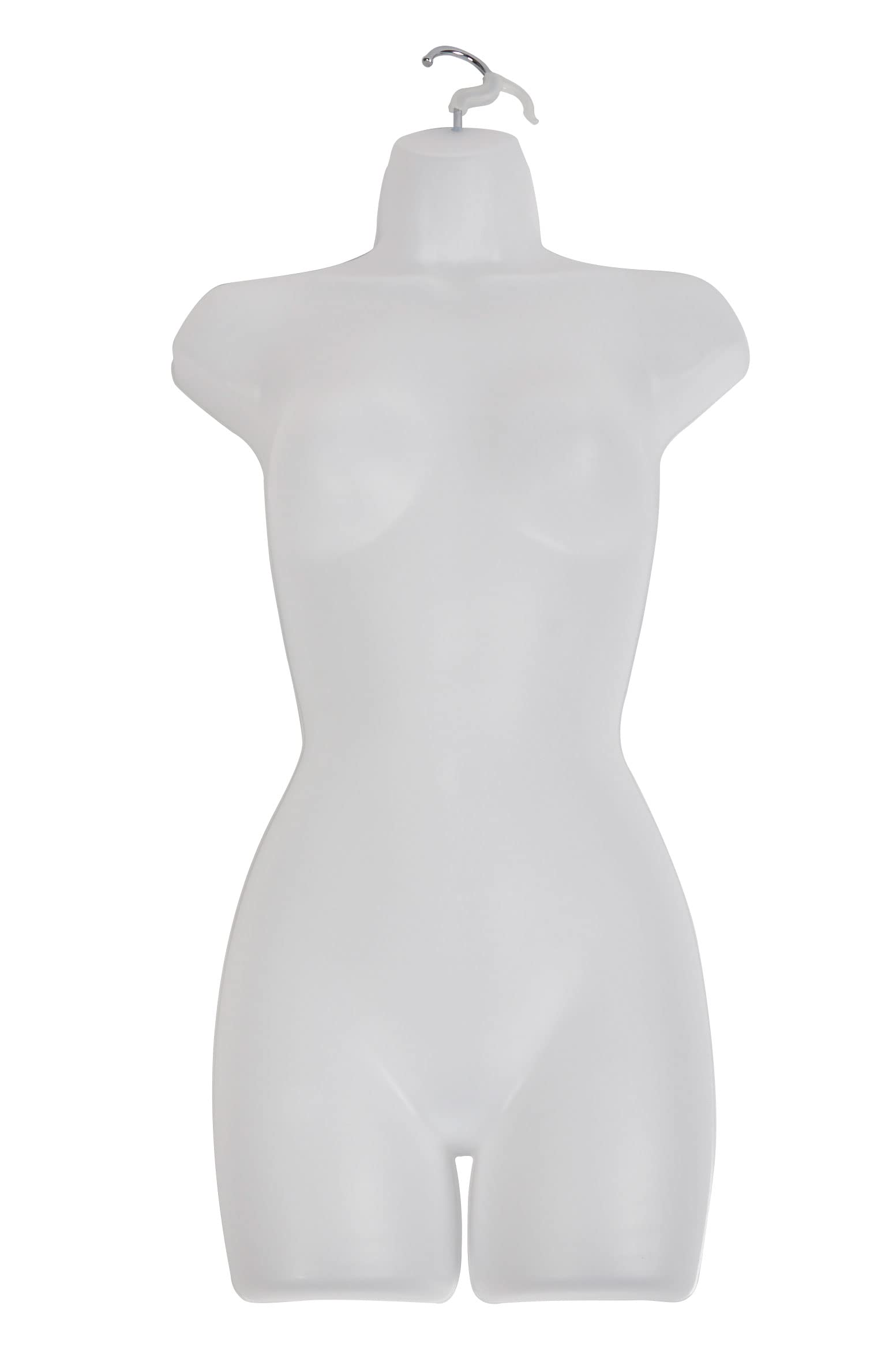 SSWBasics Female Molded Shatterproof Frosted Shapely Torso Form with Hook - Fits Women's Sizes 5-10 - Hanging Fashion Form Mannequin to Display Top and Bottom Merchandise