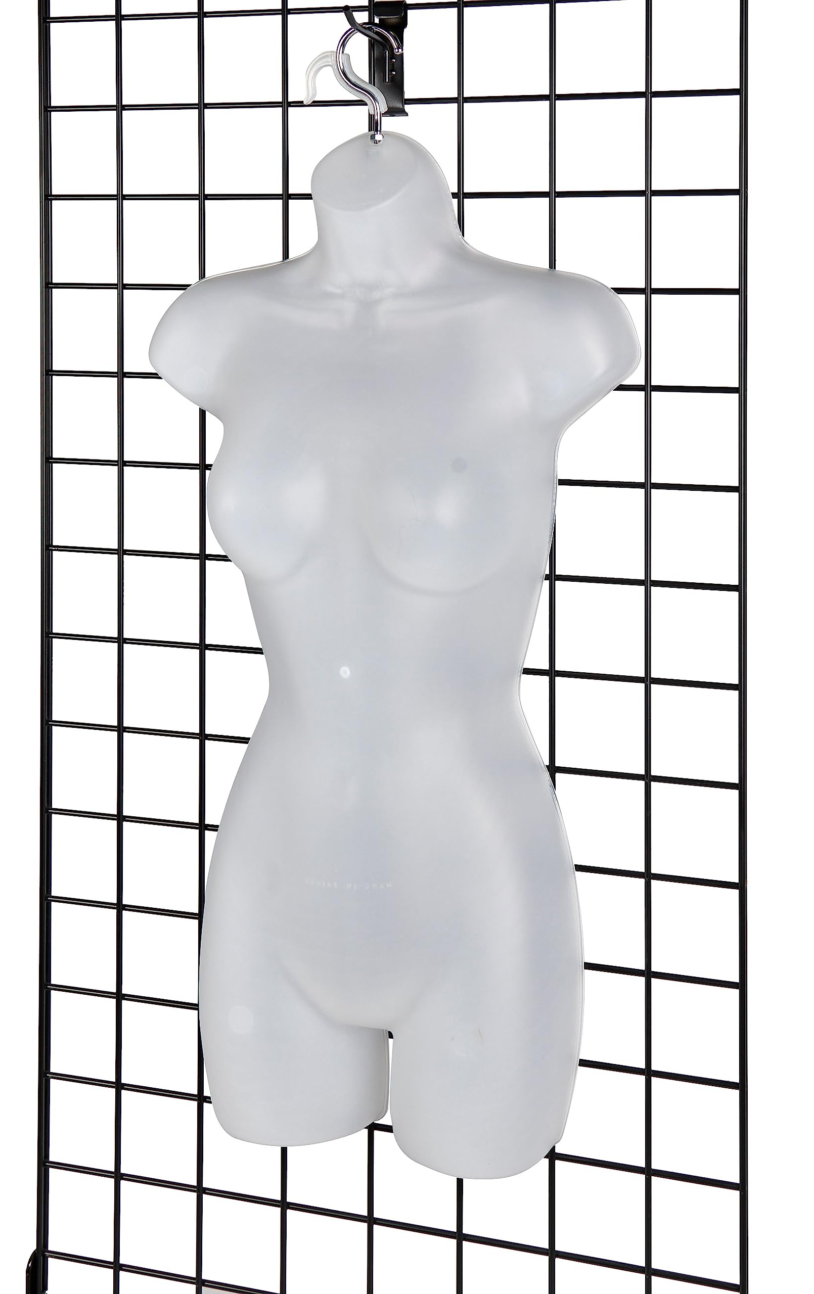 SSWBasics Female Molded Shatterproof Frosted Shapely Torso Form with Hook - Fits Women's Sizes 5-10 - Hanging Fashion Form Mannequin to Display Top and Bottom Merchandise