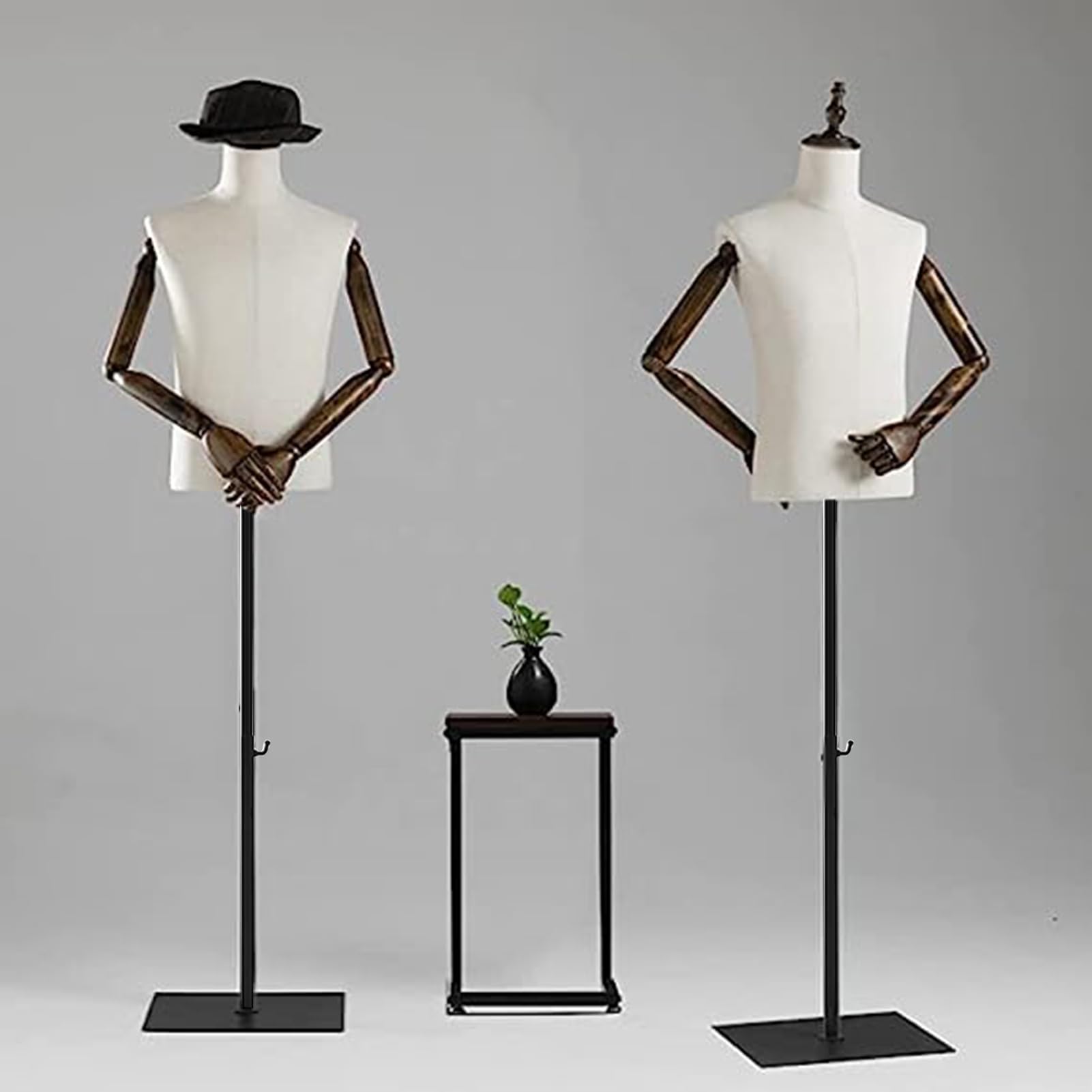 Male Mannequin Torso with Metal Stand and Wooden Arms , Dress Form Male Height Adjustable 53-76inch, Pinnable Torso Display for Clothing Retail Sewing Shop (without holders)