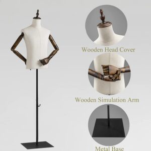 Male Mannequin Torso with Metal Stand and Wooden Arms , Dress Form Male Height Adjustable 53-76inch, Pinnable Torso Display for Clothing Retail Sewing Shop (without holders)