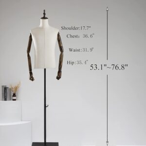 Male Mannequin Torso with Metal Stand and Wooden Arms , Dress Form Male Height Adjustable 53-76inch, Pinnable Torso Display for Clothing Retail Sewing Shop (without holders)