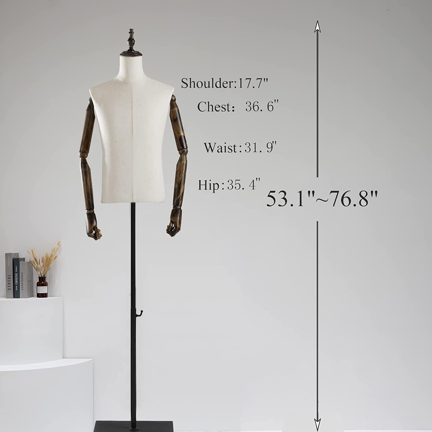 Male Mannequin Torso with Metal Stand and Wooden Arms , Dress Form Male Height Adjustable 53-76inch, Pinnable Torso Display for Clothing Retail Sewing Shop (without holders)