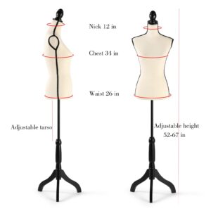 Female Dress Form, 52-64 Inch Adjustable Mannequin Dress Forms for Sewing, Mannequin Torso Jewelry Display Wood Tripod Stand Clothing Forms,Beige