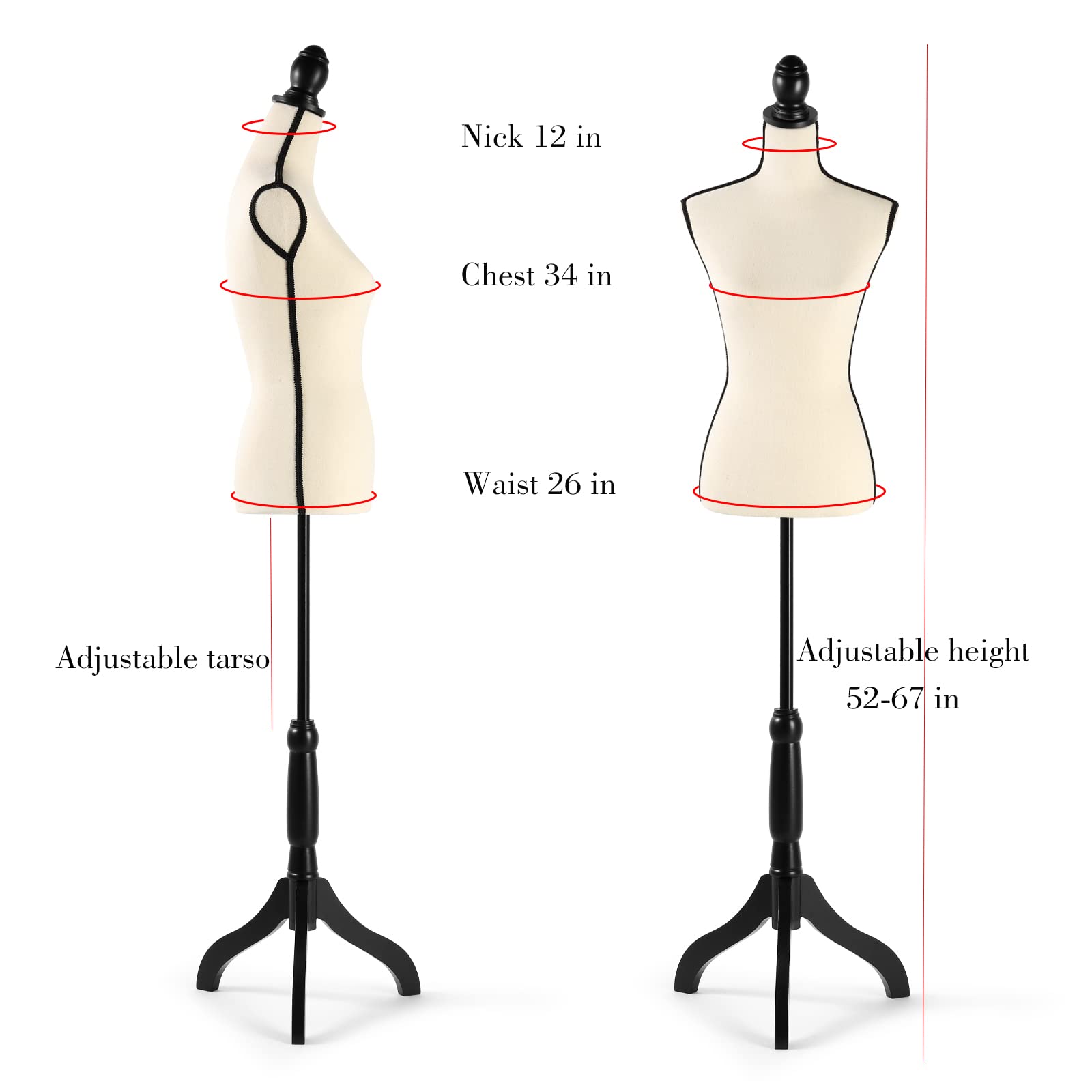 Female Dress Form, 52-64 Inch Adjustable Mannequin Dress Forms for Sewing, Mannequin Torso Jewelry Display Wood Tripod Stand Clothing Forms,Beige