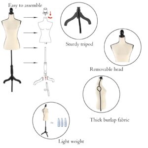 Female Dress Form, 52-64 Inch Adjustable Mannequin Dress Forms for Sewing, Mannequin Torso Jewelry Display Wood Tripod Stand Clothing Forms,Beige