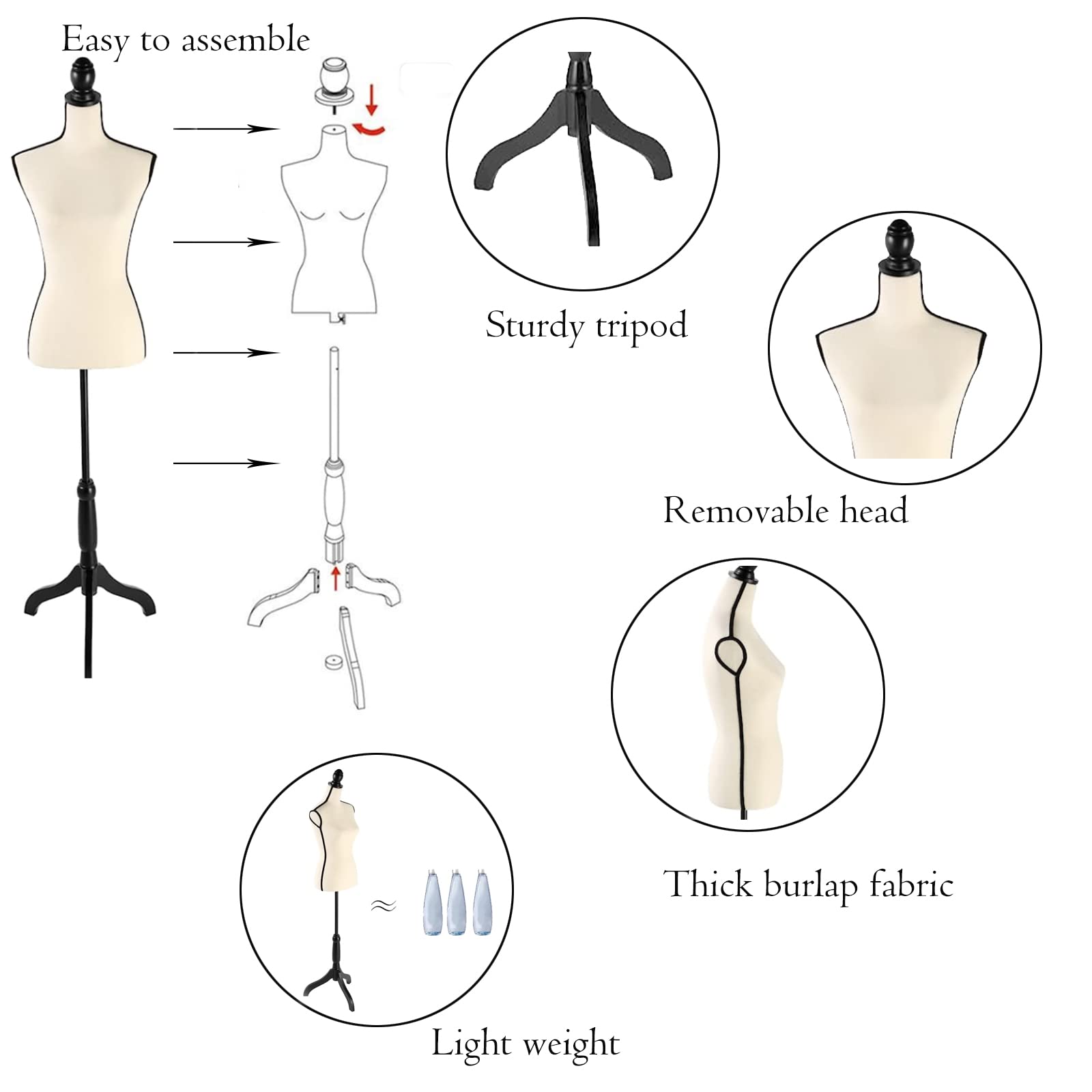 Female Dress Form, 52-64 Inch Adjustable Mannequin Dress Forms for Sewing, Mannequin Torso Jewelry Display Wood Tripod Stand Clothing Forms,Beige