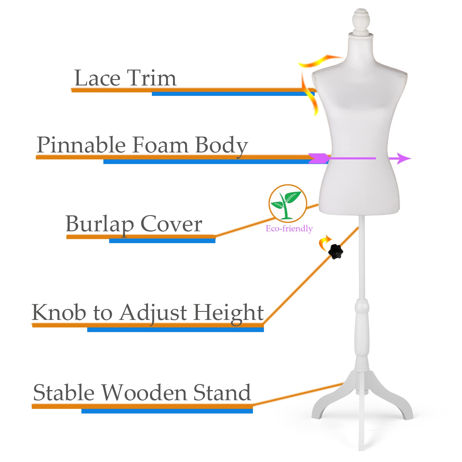 DRDINGRUI Dress Form with Stand, Pinnable Female Mannequin Body with Adjustable Height for Sewing and Display