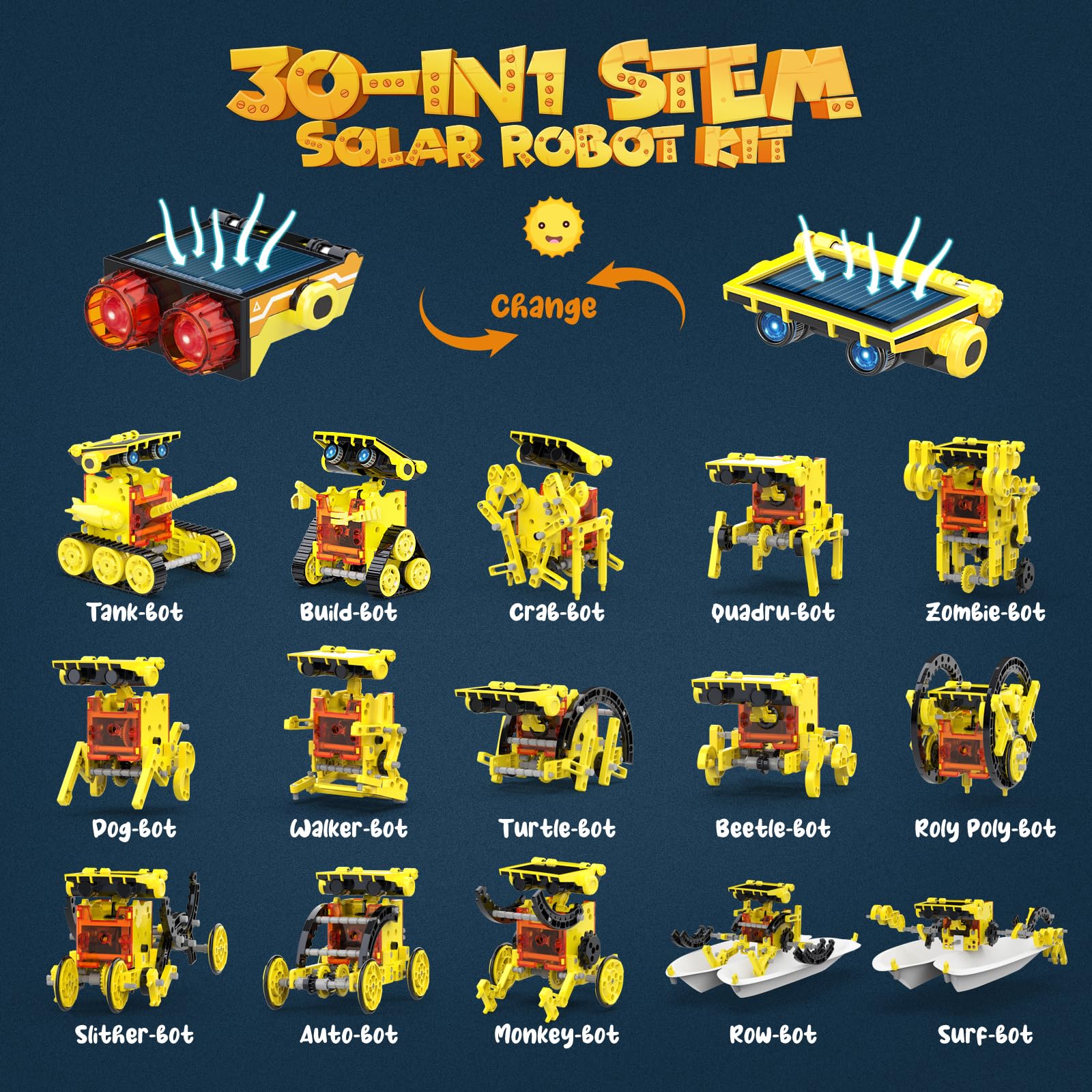 Wesfuner 30-in-1 STEM Solar Robot Kit Toys, 243 Pieces Educational Building Science Experiment Kit for Kids Aged 8-12, Birthday Gifts Kids Aged 8 9 10 11 12 13 Years Old(Yellow)