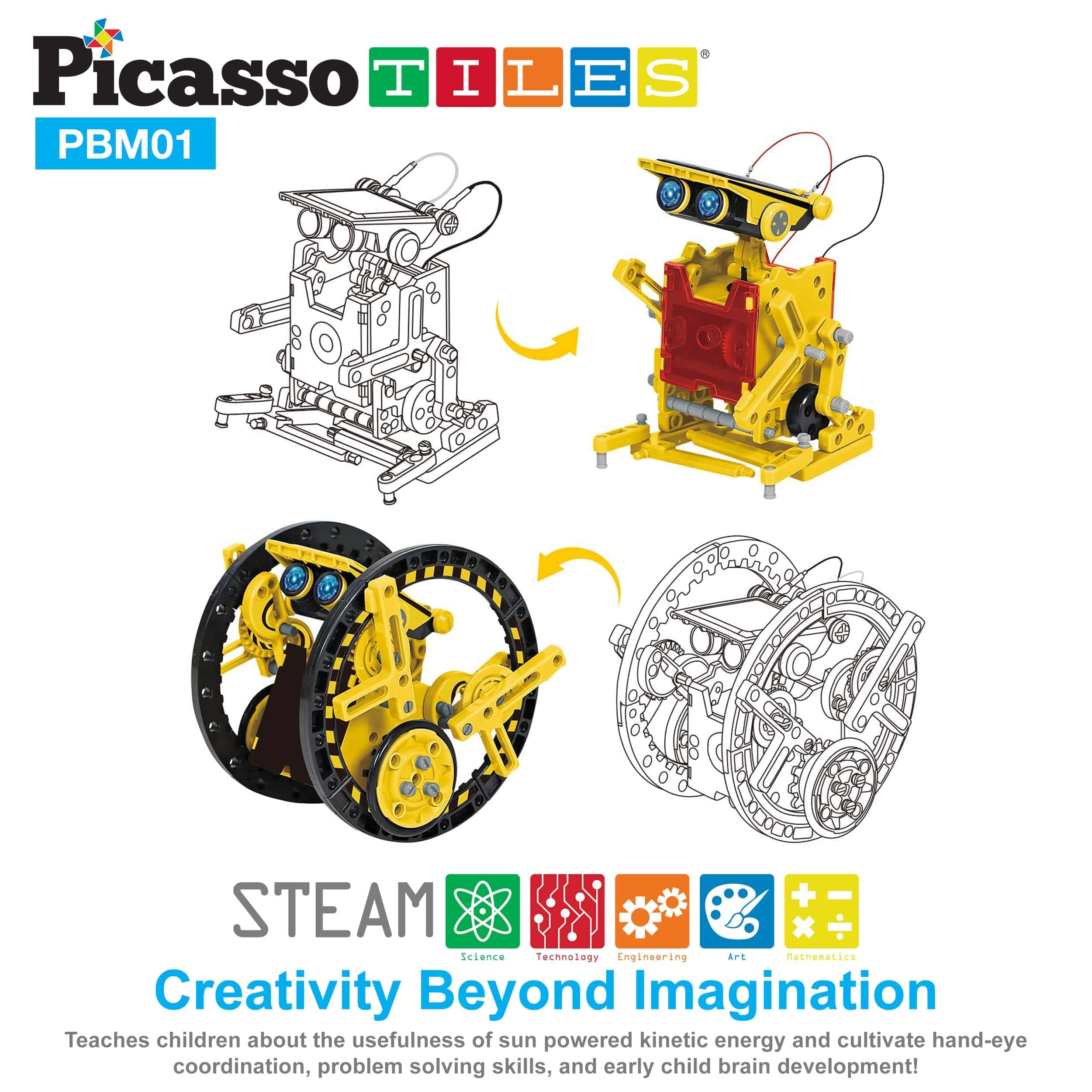 PicassoTiles STEM Kids Solar Powered Transformer Robot Educational Learning Engineering Building Toy 12-in-1 Creative Unique Transformation Renewable Energy Science Experiment DIY Kit Boy Girl Age 8+