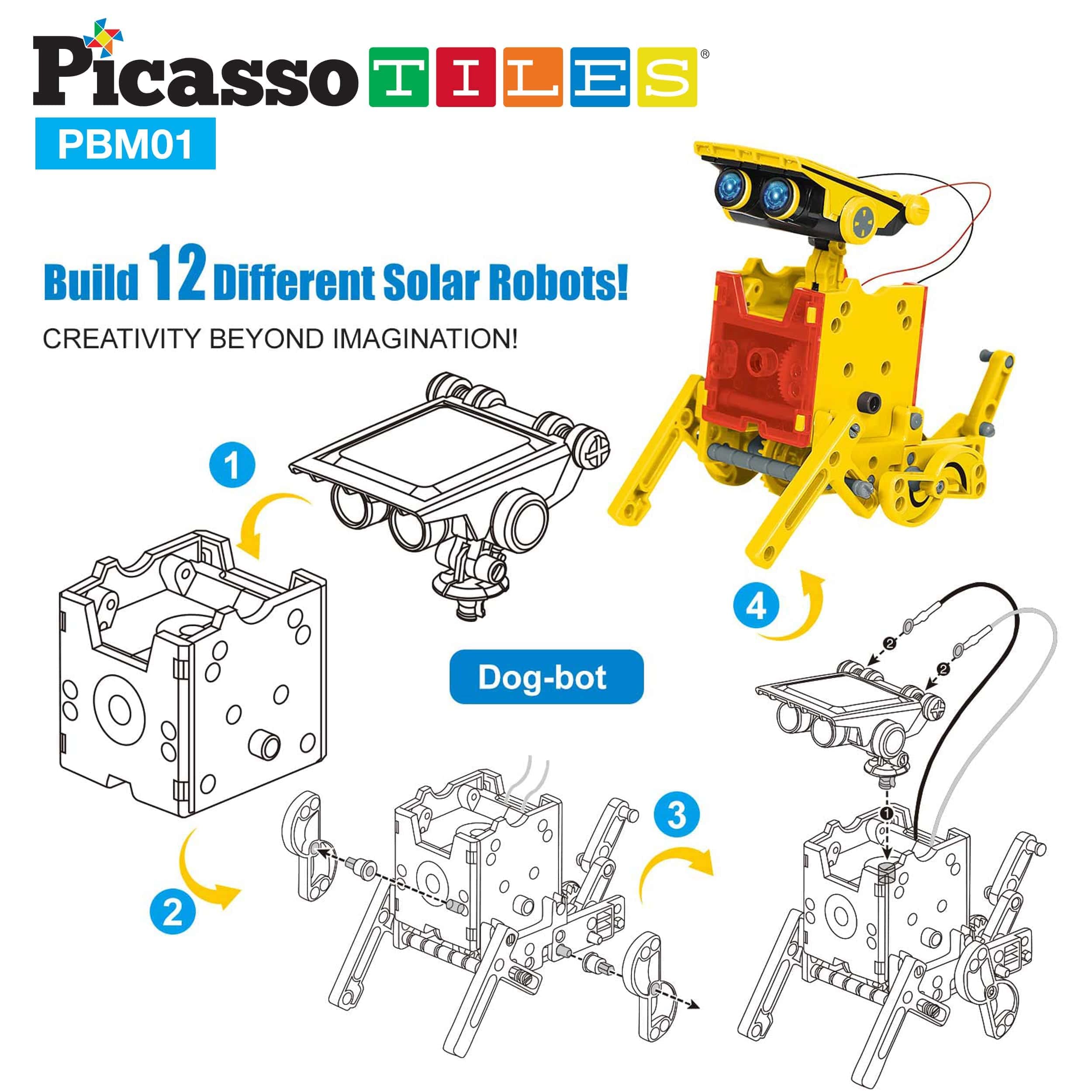 PicassoTiles STEM Kids Solar Powered Transformer Robot Educational Learning Engineering Building Toy 12-in-1 Creative Unique Transformation Renewable Energy Science Experiment DIY Kit Boy Girl Age 8+