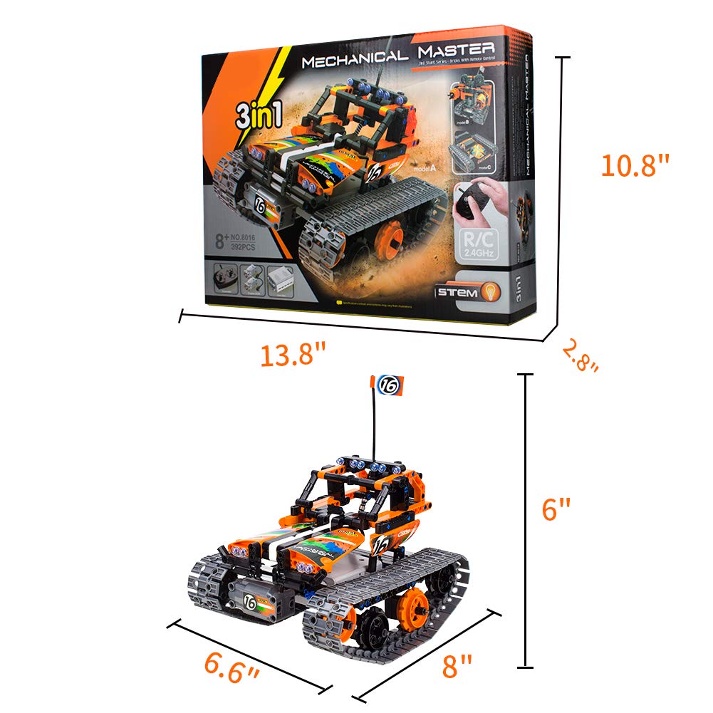 3-in-1 STEM Remote Control Building Kits - Tracked Car/Robot/Tank - 2.4Ghz Rechargeable RC Racer Toy Set Gift for 8-12 14 Year Old Boys and Girls Best Engineering Science Learning Kit for Kids 392pcs