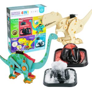 4 pack stem kits, dinosaur toys for kids 8-12, 3d wooden puzzle model robot kit with volcano science kit stem project children's educational experiment diy boys girls 3d wooden puzzle gifts