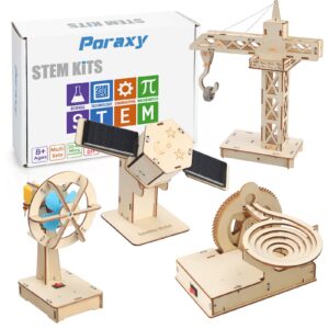 poraxy 4 in 1 stem kits, stem projects for kids ages 8-12, assembly 3d wooden puzzles, building toys, educational science craft model kit, gift for boys and girls 8 9 10 11 12 years old, marble run