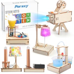 poraxy stem science kits for kids ages 8-10-12, 5 set 3d wooden puzzles, toys for ages 8-13, diy educational science building kits crafts, birthday gifts for boys and girls 8 9 10 11 12 13 year old