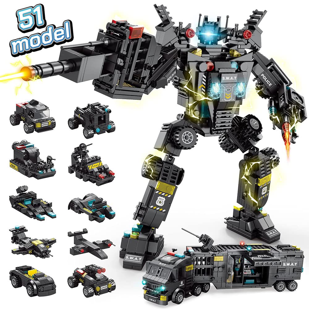 51-in-1 Robot Building Kit for Kids STEM Building Toys Erector Set for Boys 8-12 Engineering STEM Projects SWAT Police Building Blocks Toys Gifts for Boys Kids Age 6 7 8 9 10 11 12 Years Old 700PCS