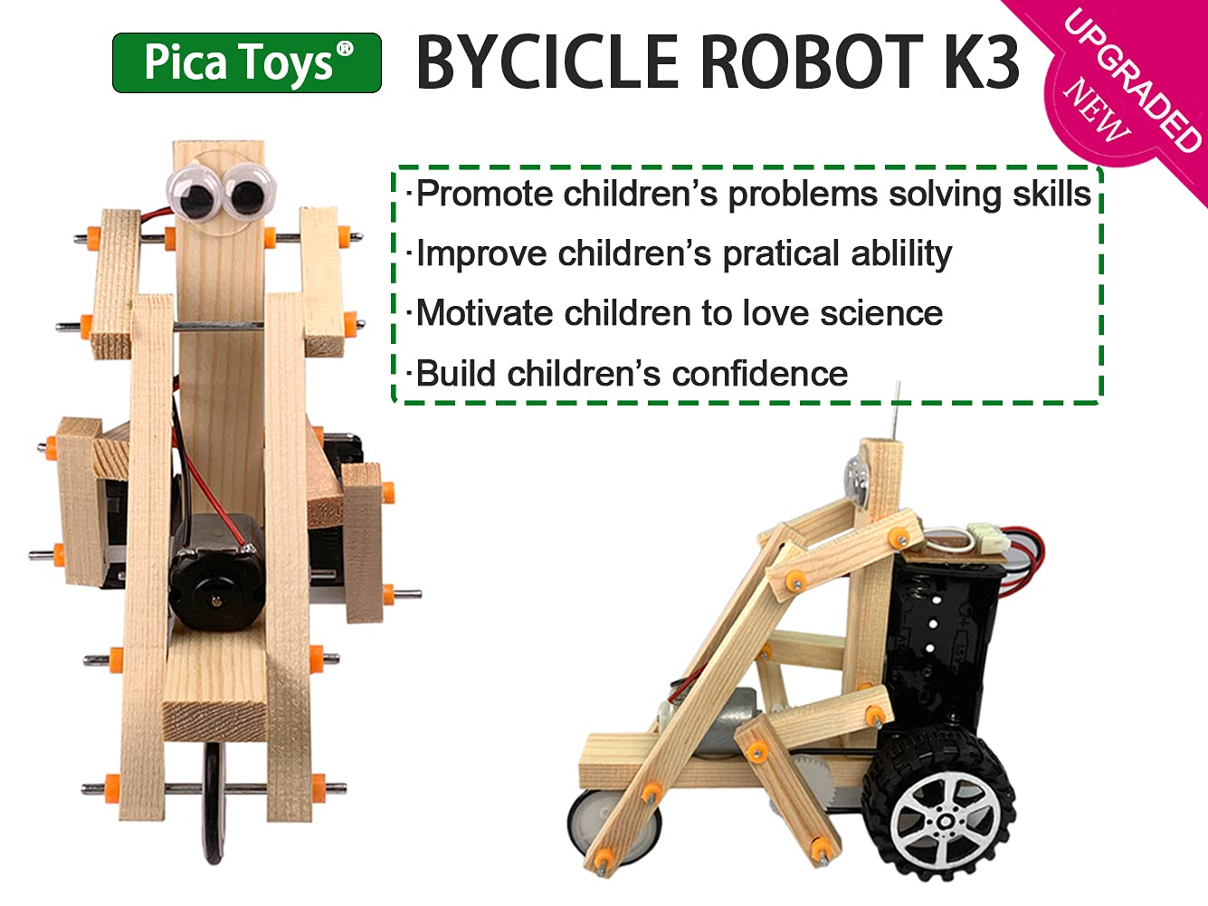 Pica Toys Wooden Wireless Remote Control Robotics Bicycle K3 - Creative Engineering Circuit Science STEM Building Kit - Electric Motor DIY Experiment for Kids, Teens and Adults