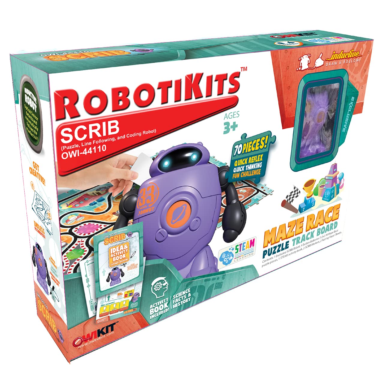 OWI Inc SCRIB, Line Following Sensor Robot, Educational STEM Birthday Kits Ages 3 and Up, 70 Piece Puzzle