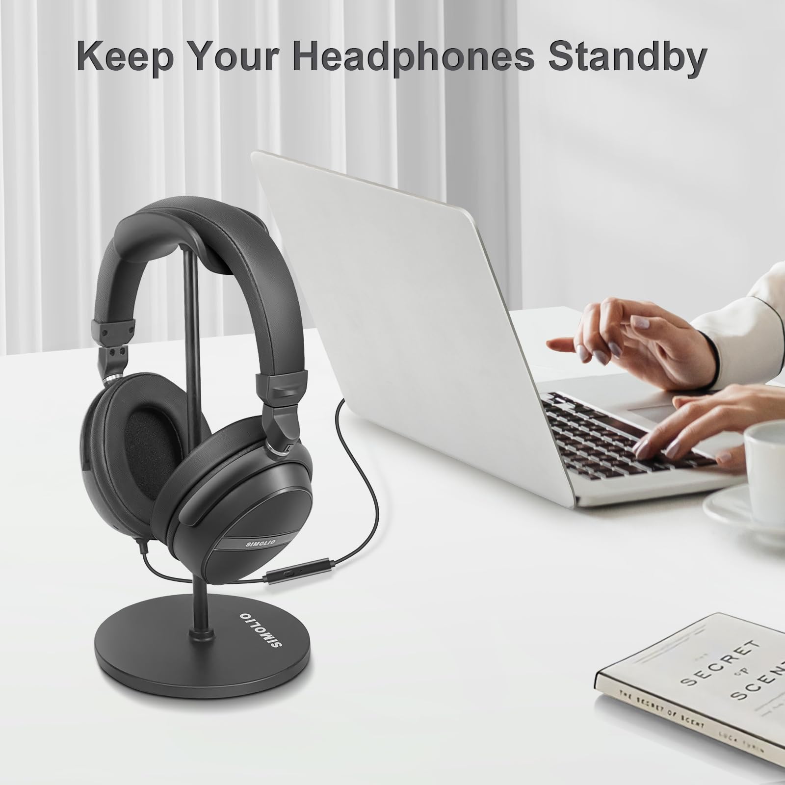 SIMOLIO Headphone Stand, Solid Anti-Slip Headset Holder for Desk, Universal for Most Over Ear/On Ear Headphones, Airpods Max, Beats/Sony/HyperX Gaming Headphones, Sennheiser TV Headset-Black