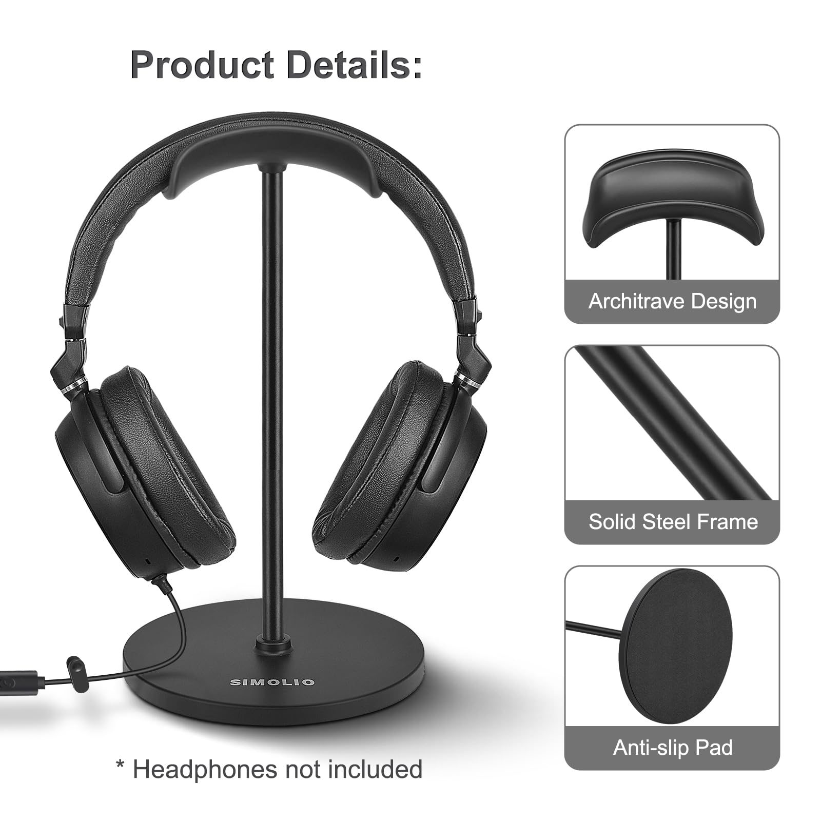 SIMOLIO Headphone Stand, Solid Anti-Slip Headset Holder for Desk, Universal for Most Over Ear/On Ear Headphones, Airpods Max, Beats/Sony/HyperX Gaming Headphones, Sennheiser TV Headset-Black