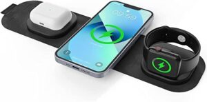 kocybt 3 in 1 magnetic wireless charger,foldable wireless charger pad compatible for 13/13 pro/13 pro max/13 mini, 12/12 pro/12 pro max/12 mini, iwatch,airpods 3/2/pro,(adapter not included) (black)