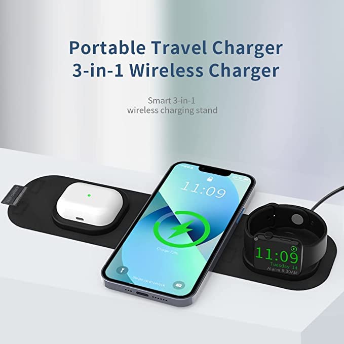 Kocybt 3 in 1 Magnetic Wireless Charger,Foldable Wireless Charger Pad Compatible for 13/13 Pro/13 Pro Max/13 Mini, 12/12 Pro/12 Pro Max/12 Mini, iWatch,AirPods 3/2/Pro,(Adapter Not Included) (Black)