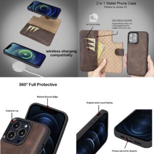 VENOULT Vintage Leather Compatible with iPhone 14 Pro MAX Wallet Case, 14 Pro / 14 Plus Genuine Leather Magnetic Detachable, Wireless Charge and Car Mount Compatible, HANDMADE