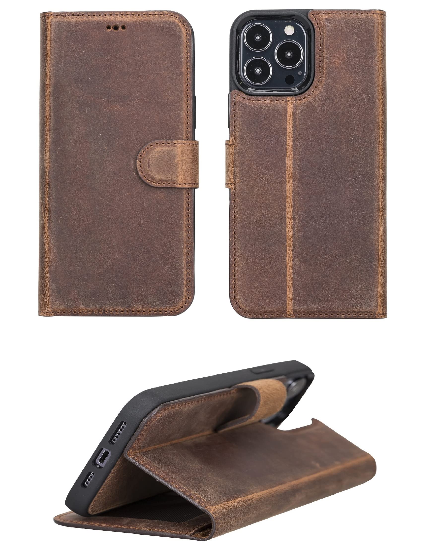 VENOULT Vintage Leather Compatible with iPhone 14 Pro MAX Wallet Case, 14 Pro / 14 Plus Genuine Leather Magnetic Detachable, Wireless Charge and Car Mount Compatible, HANDMADE