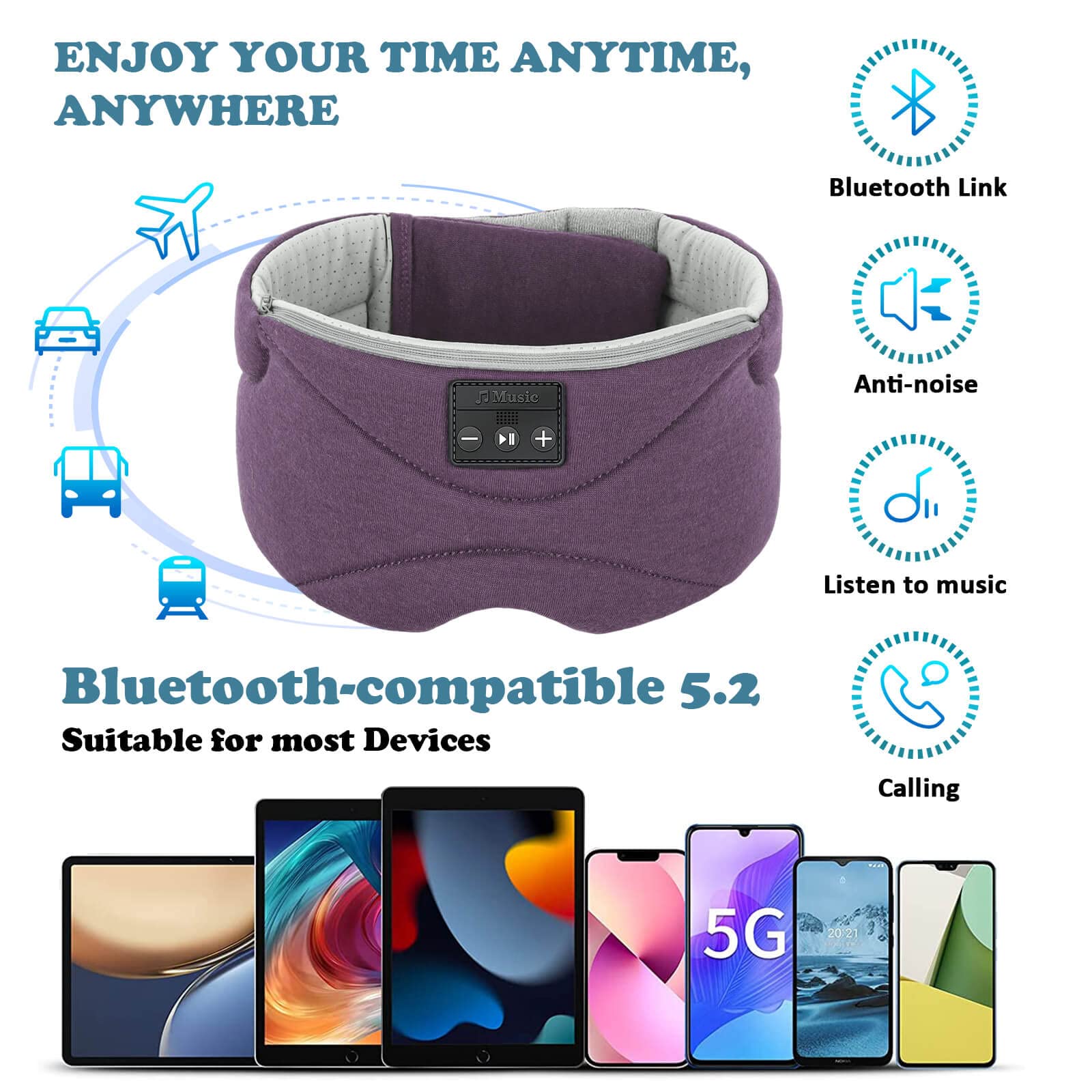 Sleep Mask with Bluetooth Headphones 24 White Noise, Ultra-Thin Speaker Cold Pack Blackout Bluetooth Eye Mask Sleep Headphones for Side Sleepers, Airplane, Travel, Cool Gadgets for Women Man (Purple)